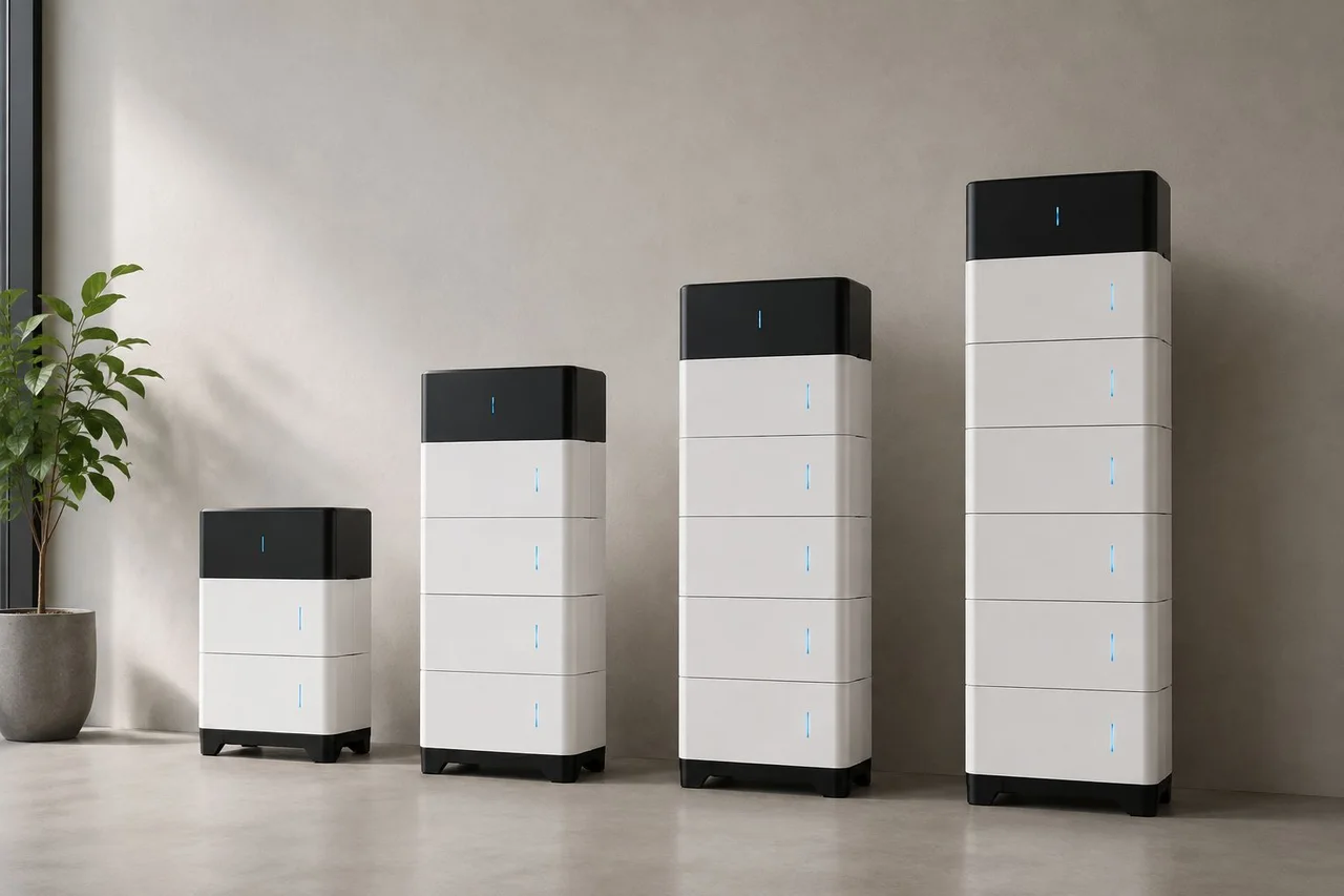 Vier modulaire thuisbatterijen in oplopende maten naast elkaar